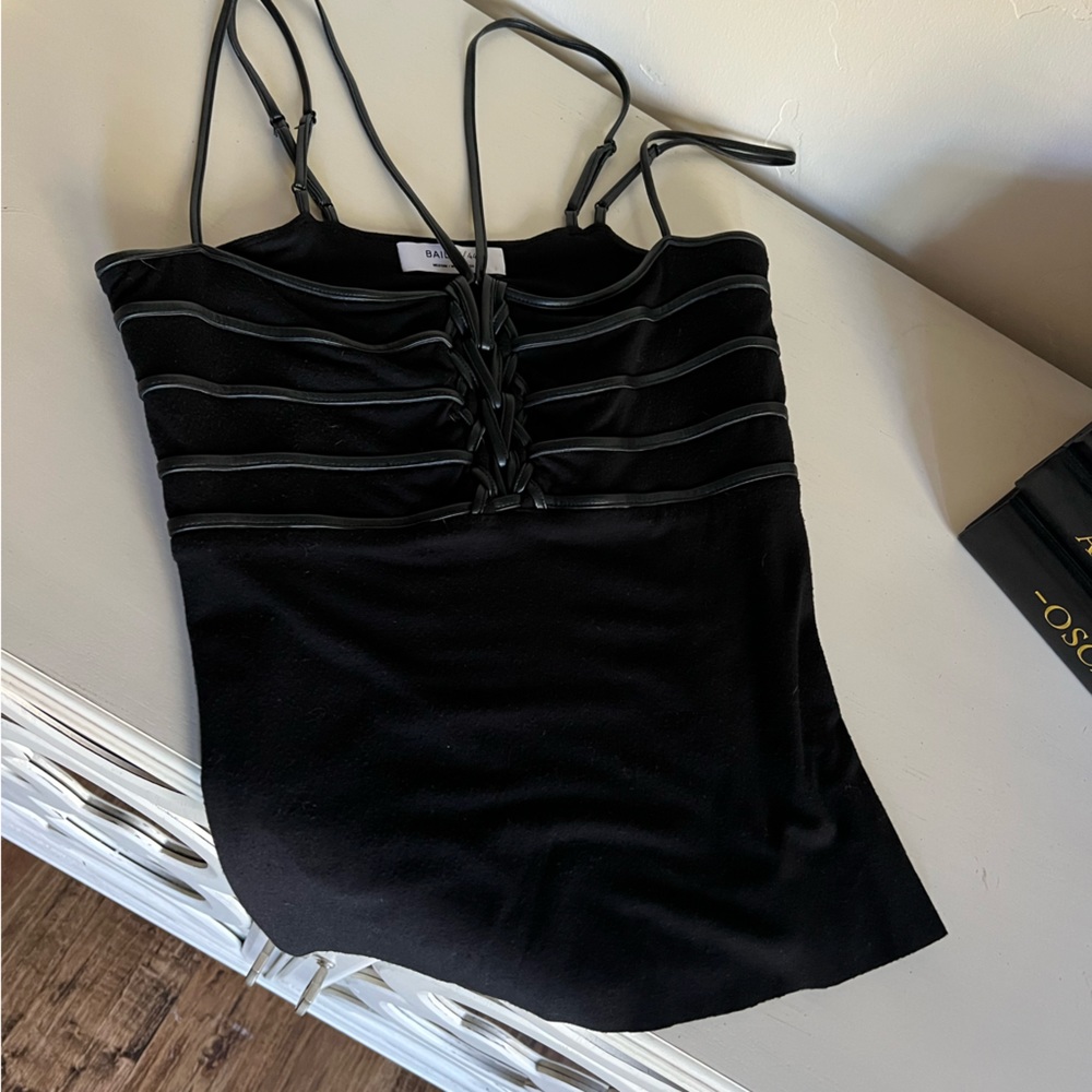 Bailey 44 Black Strap Leather Tie Cross Corset Top